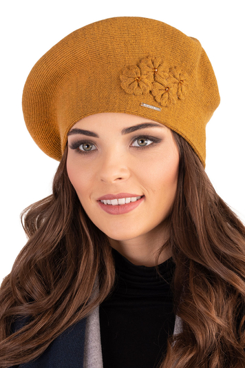 Vivisence Women's Beret Stylish And Elegant With Classic Design And Floral Decoration Made From Warm And Soft Wool For Ladies Perfect For Winter And Everyday Use, Honey