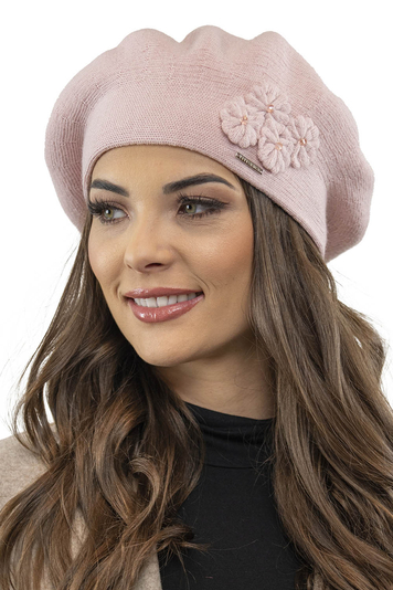 Vivisence Women's Beret Stylish And Elegant With Classic Design And Floral Decoration Made From Warm And Soft Wool For Ladies Perfect For Winter And Everyday Use, Light Pink