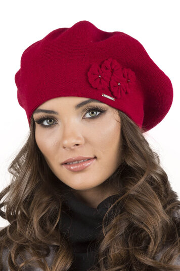 Vivisence Women's Beret Stylish And Elegant With Classic Design And Floral Decoration Made From Warm And Soft Wool For Ladies Perfect For Winter And Everyday Use, Red