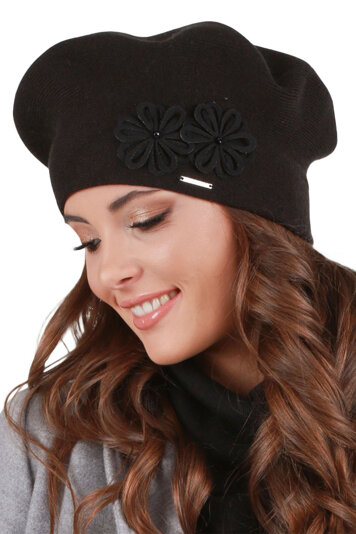 Vivisence Women's Stylish And Elegant Ladies Beret With Classic Design And Floral Decoration For Ladies Made From Acrylic Perfect For Winter And Outdoor Use, Black