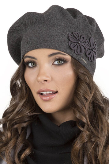 Vivisence Women's Stylish And Elegant Ladies Beret With Classic Design And Floral Decoration For Ladies Made From Acrylic Perfect For Winter And Outdoor Use, Dark Grey