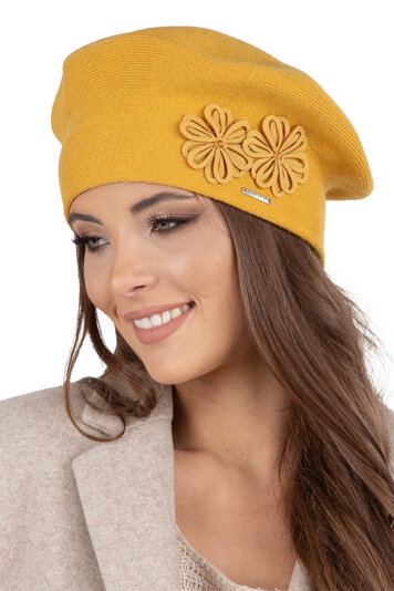 Vivisence Women's Stylish And Elegant Ladies Beret With Classic Design And Floral Decoration For Ladies Made From Acrylic Perfect For Winter And Outdoor Use, Honey