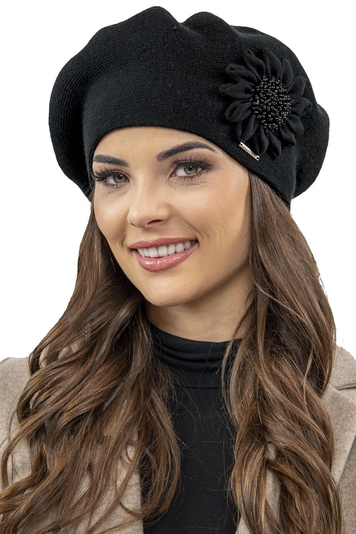 Vivisence Women's Winter Beret Classic Style And Floral Decoration Made From Warm And Soft Woolen Fabric Perfect Fit Ideal For Cold Winter And Autumn Days, Black