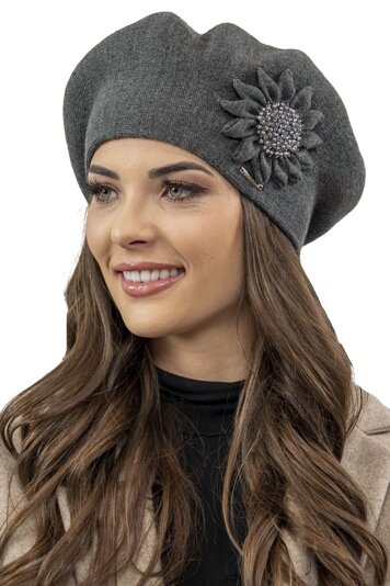 Vivisence Women's Winter Beret Classic Style And Floral Decoration Made From Warm And Soft Woolen Fabric Perfect Fit Ideal For Cold Winter And Autumn Days, Dark Grey