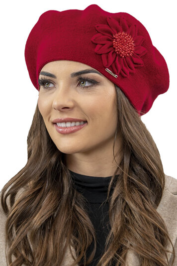 Vivisence Women's Winter Beret Classic Style And Floral Decoration Made From Warm And Soft Woolen Fabric Perfect Fit Ideal For Cold Winter And Autumn Days, Red