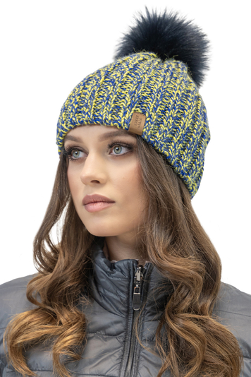 Vivisence Women's Winter Pom-Pom Hat Made From Soft And Warm Two-Colored Yarn With Soft Antistatic Fleece Lining Perfect Fit Design For Warmth And Style During Cold Winter Days, Yellow