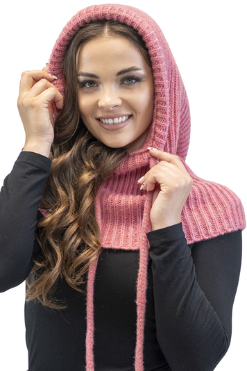 Vivisence Woollen Hood for Women Stylish and Functional Combination of Hat and Snood Made from Soft Lambswool and Cotton Blend Adjustable Drawstring for Perfect Fit and Cold Protection, Pink