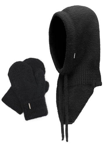 Women's Hood And Gloves for Winter and Autumn Set Stylish Balaclava Warm And Functional For Cold Weather Comfort With Soft Yarn And Elegant Tinsel Detail 7097Kmpl, Black