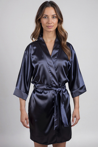 Vivisence Women's Satin Robe with 3/4 Sleeves Tie Waist Short Kimono Style Elegant Polyester Nightwear, dark blue