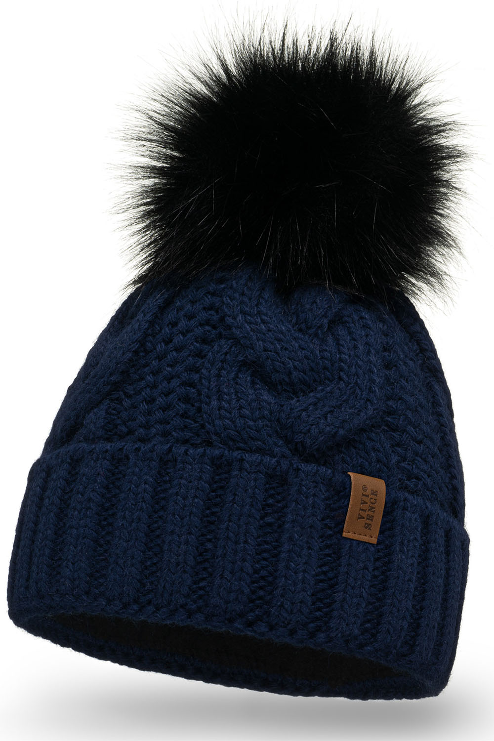 Vivisence Winter Hat With Pom Pom For Women Warm Ideal For Cold Days 7014, dark blue