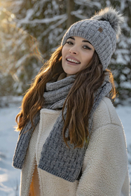 Vivisence Femme Ensemble Bonnet Pompon Écharpe Moufles Chaud Hiver Élégant, gris clair