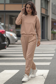 Vivisence Sweatshirt Damen Mit Rundhalsausschnitt Aus Baumwolle Langer Ärmel Bequemer Schnitt 9004, beige