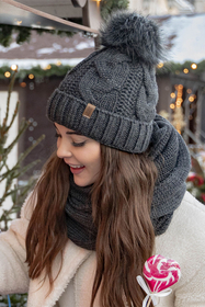 Vivisence Damen Bommelmütze Und Loop-Schal Mit Bommel Ideal Für Wintertage 7014, dunkelgrau