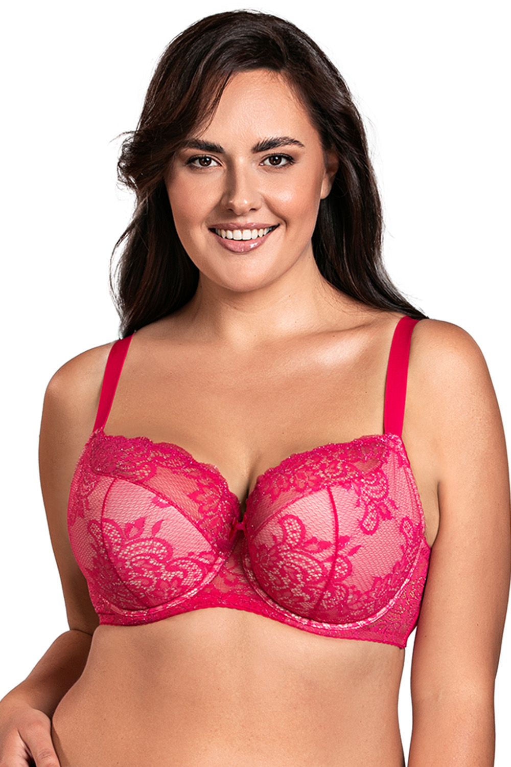 Vivisence Underwired Bra Lace Semi Padded Bra Half-Padded Cups Floral Lace Details Adjustable Straps Side Seam Boning Perfect for Elegant Gift, fuchsia