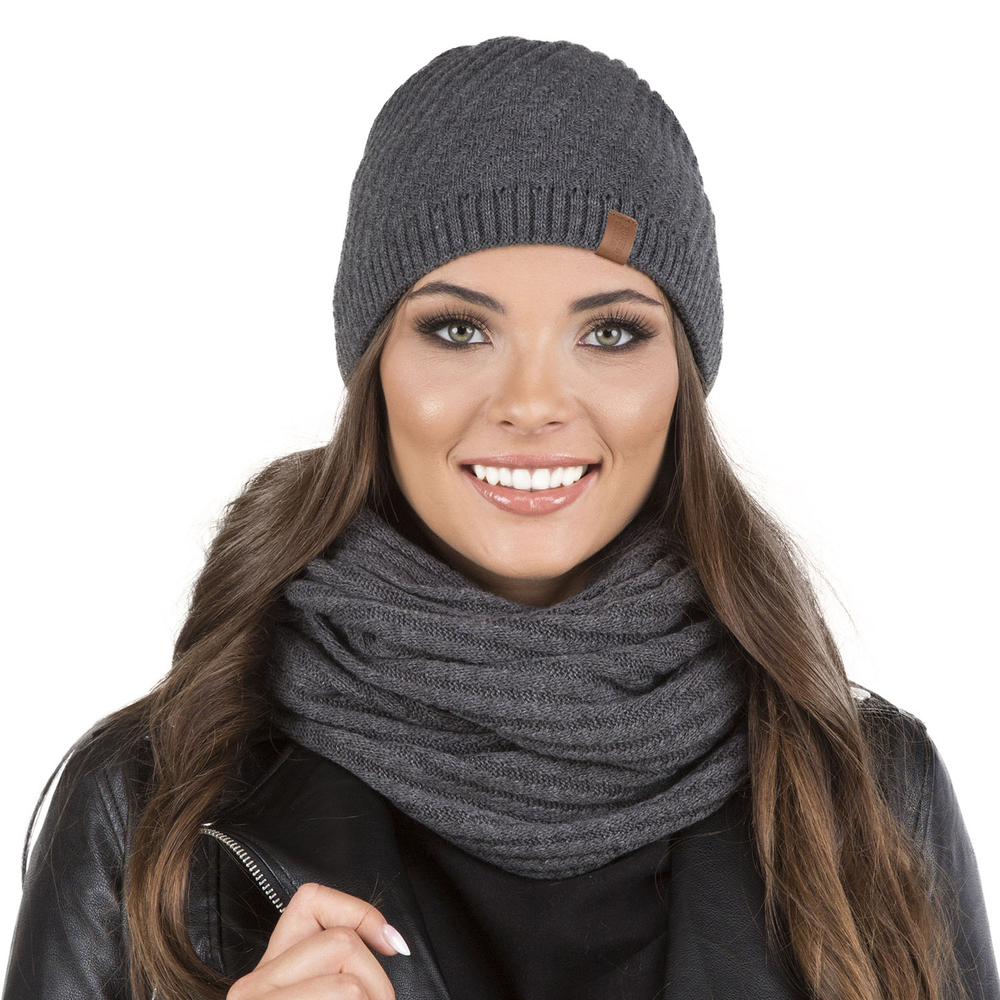 Vivisence Damen Winter Set Mütze Und Loop-Schal Komfort für Kalte Tage 7017Kmpl, dunkelgrau