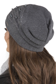 Vivisence Damen Mütze Strick Warm Fleece Zirkonia Perlen Elegant Winter 7012, dunkelgrau