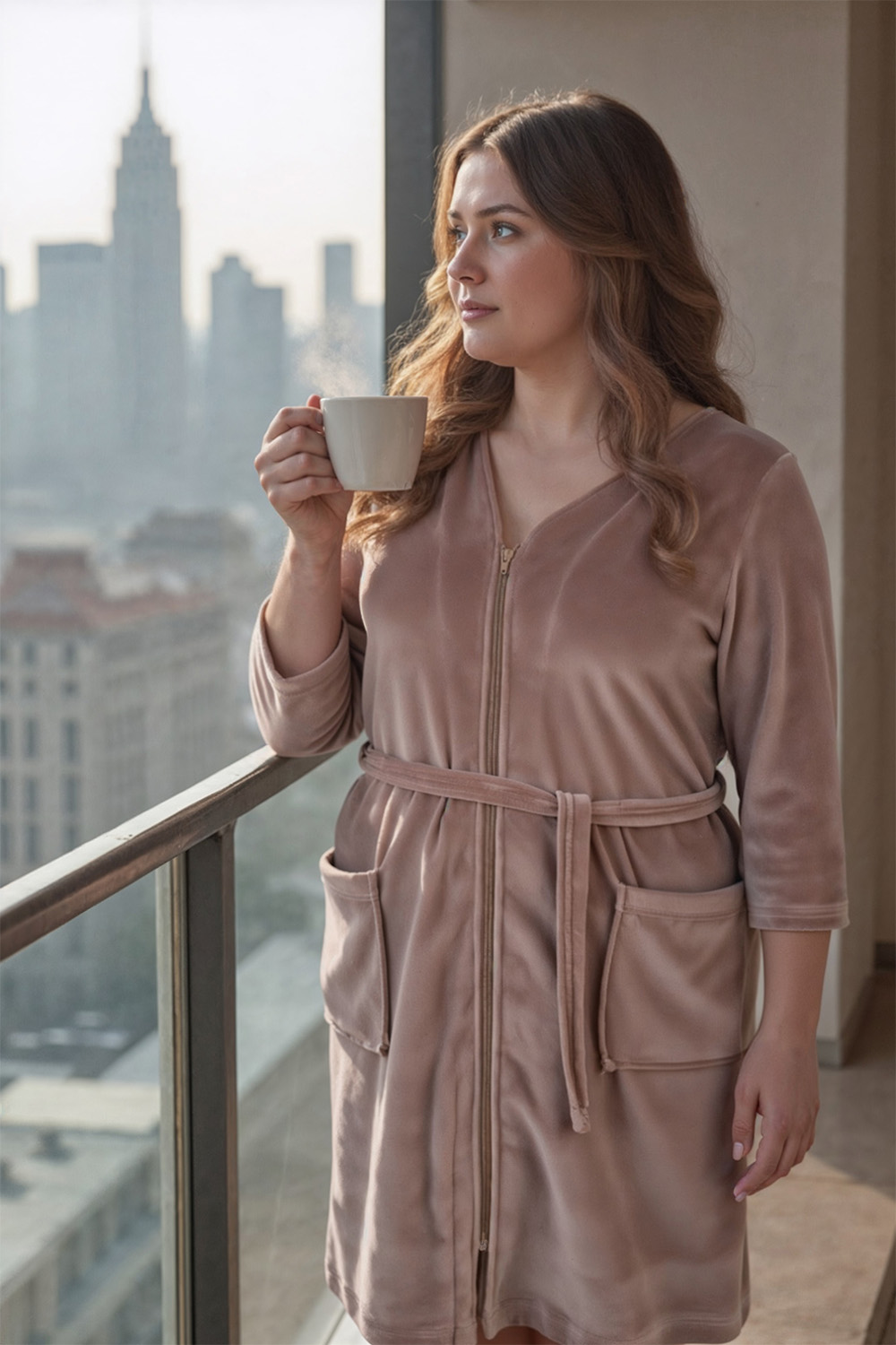 Vivisence Femme Robe de Chambre Coton Fermeture Éclair Confort à la Maison 5011, beige