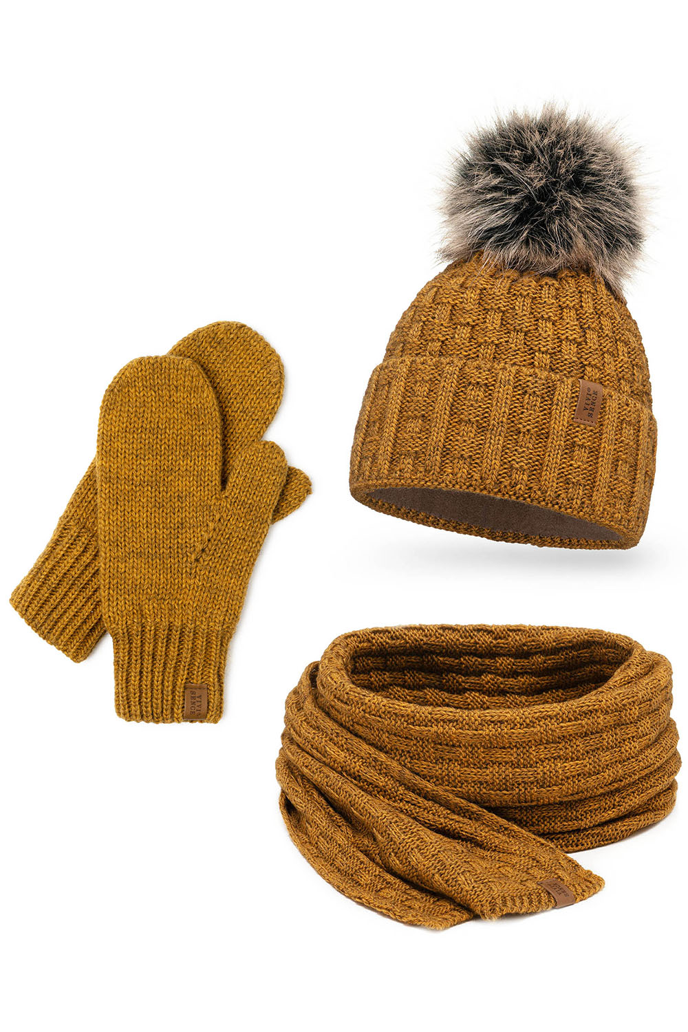 Vivisence Damen Winter Set Mütze Schal Fäustlinge Fleecefutter Gegen Kälte, dunkelgelb