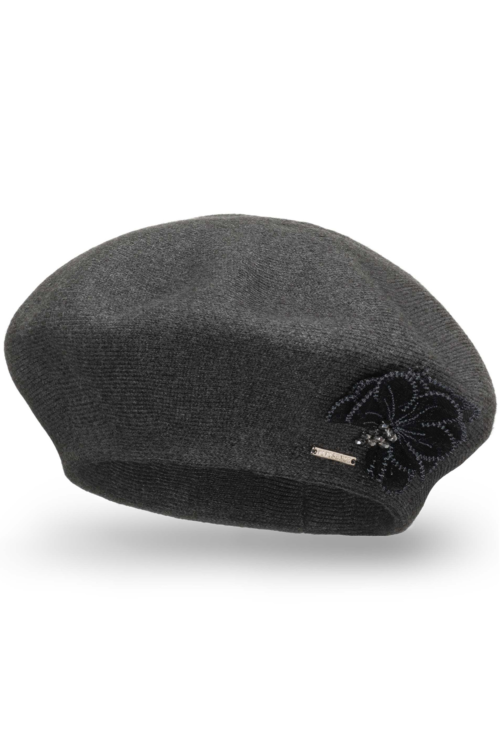Vivisence Damen Baskenmütze Garn mit Blumenapplikation Ideal für Wintertage 7036, dunkelgrau