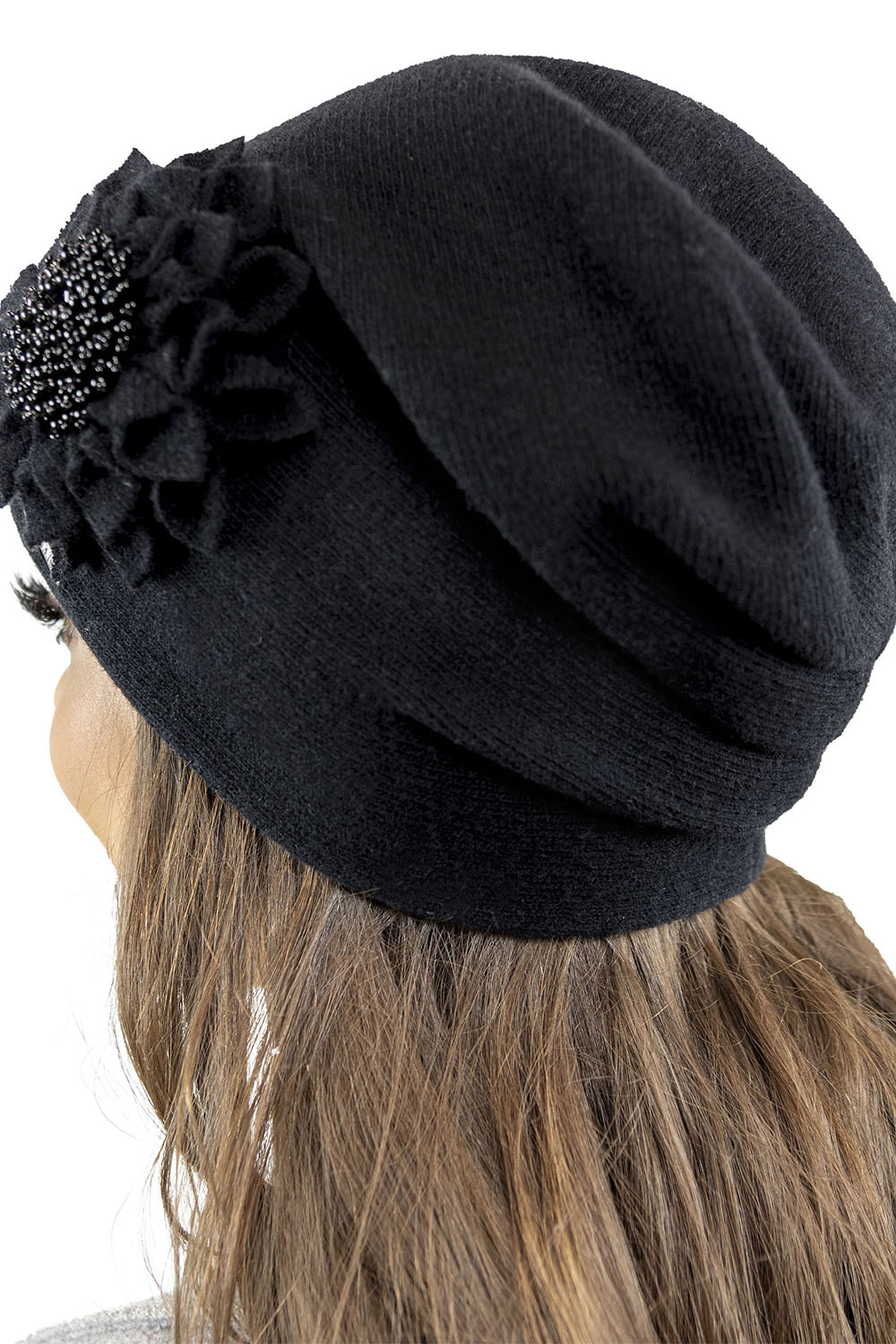 Vivisence Damen Mütze Wolle Blumenapplikation Falten Antistatisch Elegant 7052, schwarz
