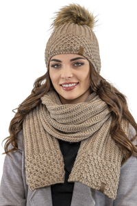 Vivisence Stylish Winter Set Including Warm Hat With Pompom And Matching Scarf Made From Warm And Soft Fleece-Lined Fabric Ideal For Cold Winter Days, beige