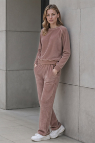 Vivisence Damen Trainingsanzug Set Zweiteiler Aus Velours Mit Sweatshirt Und Hose Lockerer Schnitt Rundhals Seitentaschen Elastischer Bund, Beige