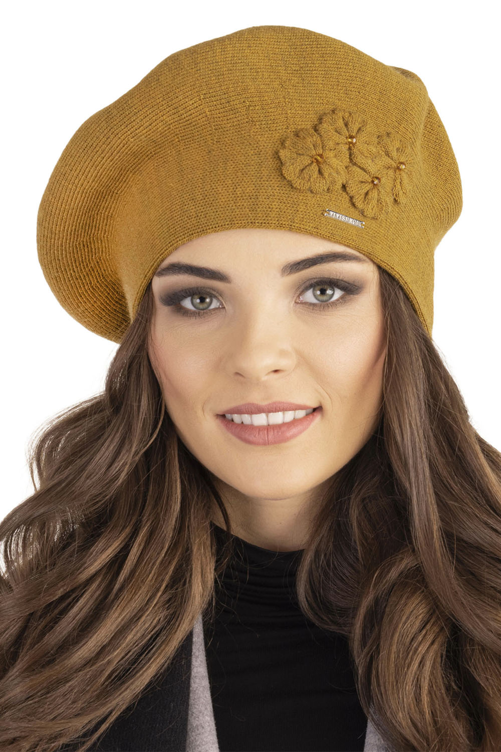 Vivisence Baskenmütze Damen Elegant Blume Warm Herbst Winter Accessoire 7006, senffarbe