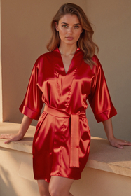 Vivisence Women's Satin Robe with 3/4 Sleeves Tie Waist Short Kimono Style Elegant Polyester Nightwear, 