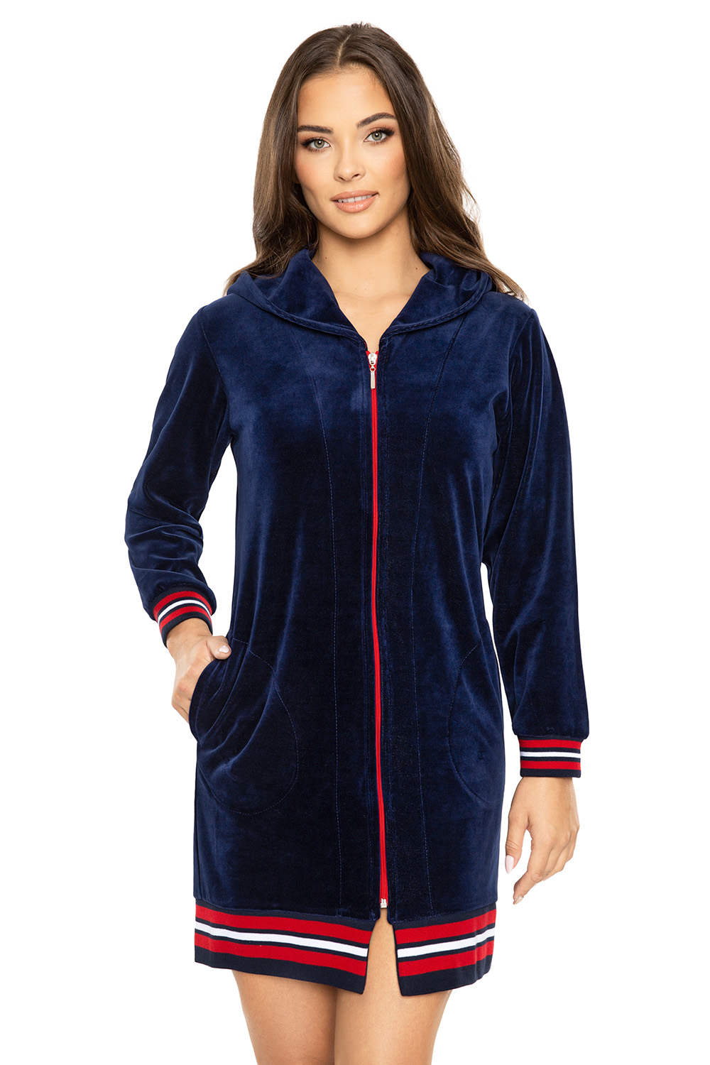 Vivisence Robe Cotton with Zipper Fastening and Cuffed Sleeves 5018, dark blue-red
