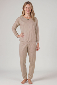 Vivisence Pyjama Deux pièces pour Femme Coton Manches Longues 2023, beige