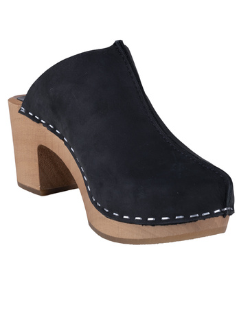Vollsjö Women Clogs Made of Wood and Leather Slippers Black Wooden Shoes for Ladies, Comfortable House Footwear Wooden Mules, Casual Shoes, Home Slippers, Made in the EU, navy blue