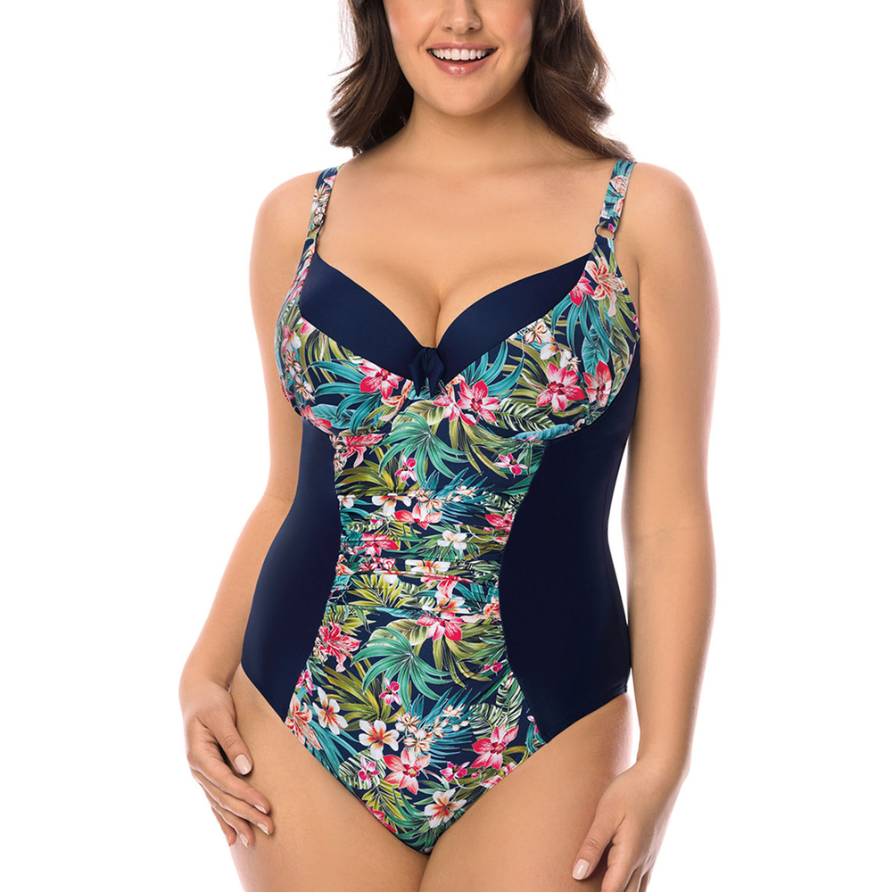 Vivisence Womens One Piece Swimsuit With Padded Cups Adjustable Straps V Neckline Floral Print Design, dark blue flowers