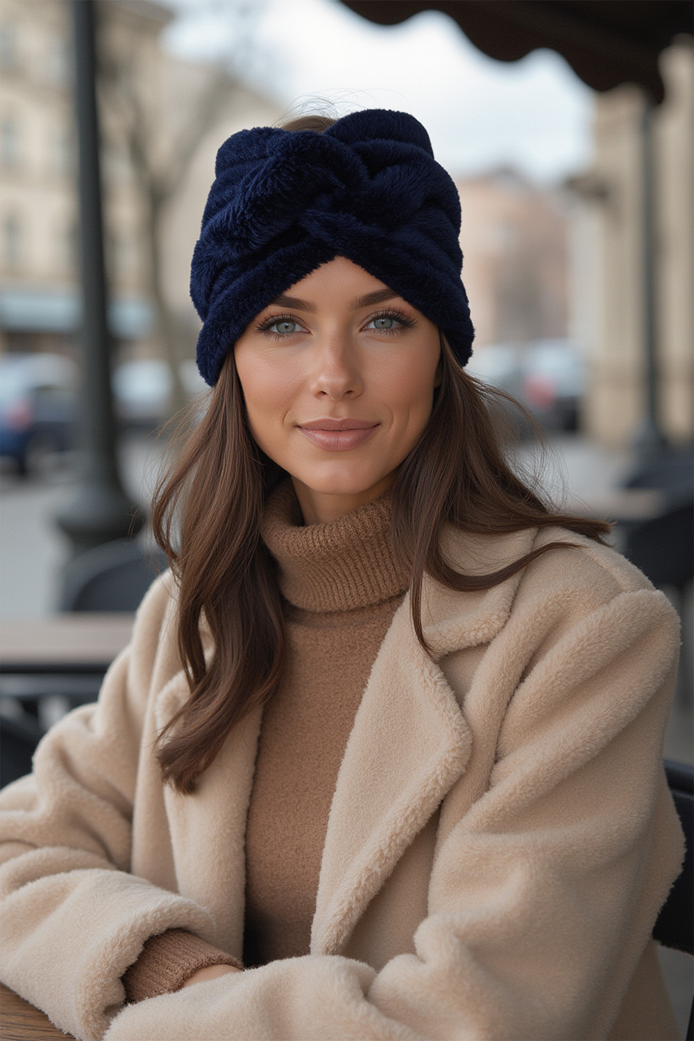 Vivisence Femme Bandeau Maille Duveteuse avec Torsade Confort et Chaleur, bleu foncé