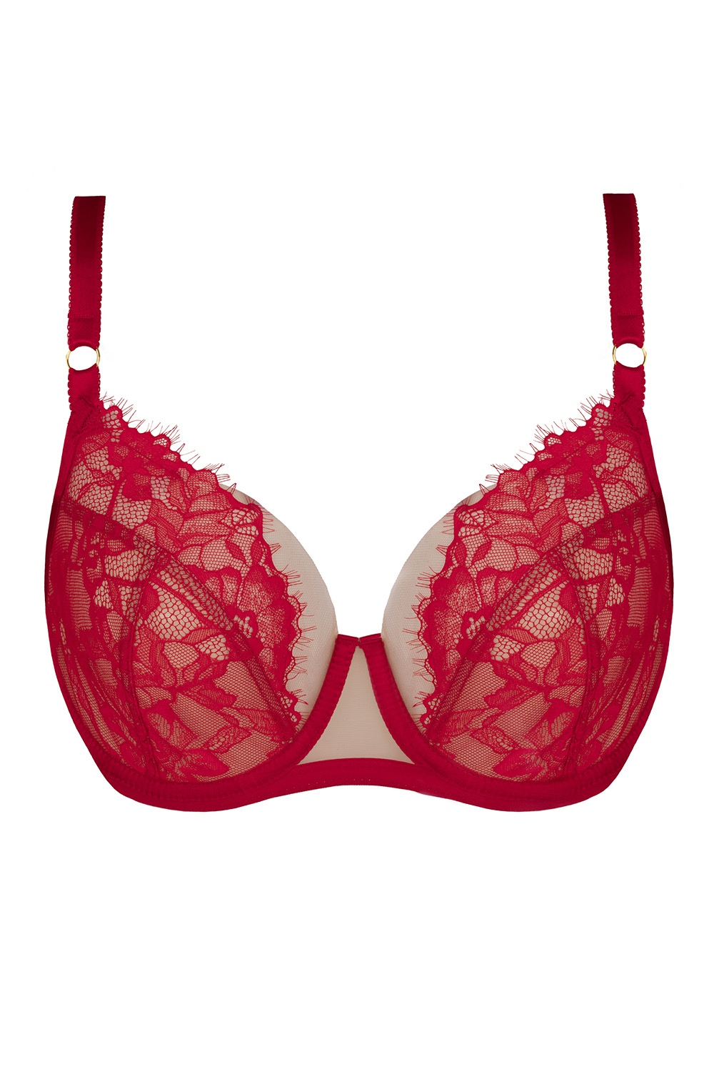 Vivisence Soutien Gorge À Armatures Non Rembourré Transparent Dentelle Push Up Silhouette Sculptée Dos Lycra Bretelles Réglables Élégant Lingerie Femme, rouge