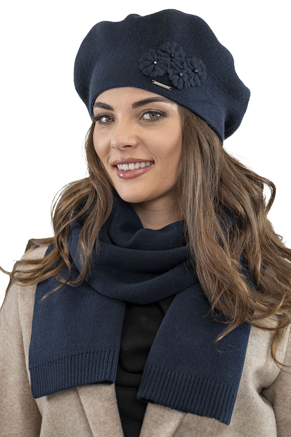 Vivisence Baskenmütze Damen Elegant Blume Warm Herbst Winter Accessoire 7006, dunkelblau