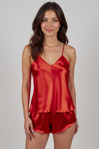 Vivisence Satin Women’s Pajama Set Top and Shorts Nightwear with Adjustable Straps, V-Neck, Relaxed Fit for Sleep and Lounge, Red