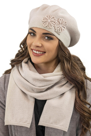 Vivisence Damen Baskenmütze Schal Set Wolle Blumenapplikation Warm Elegant 7007, beige