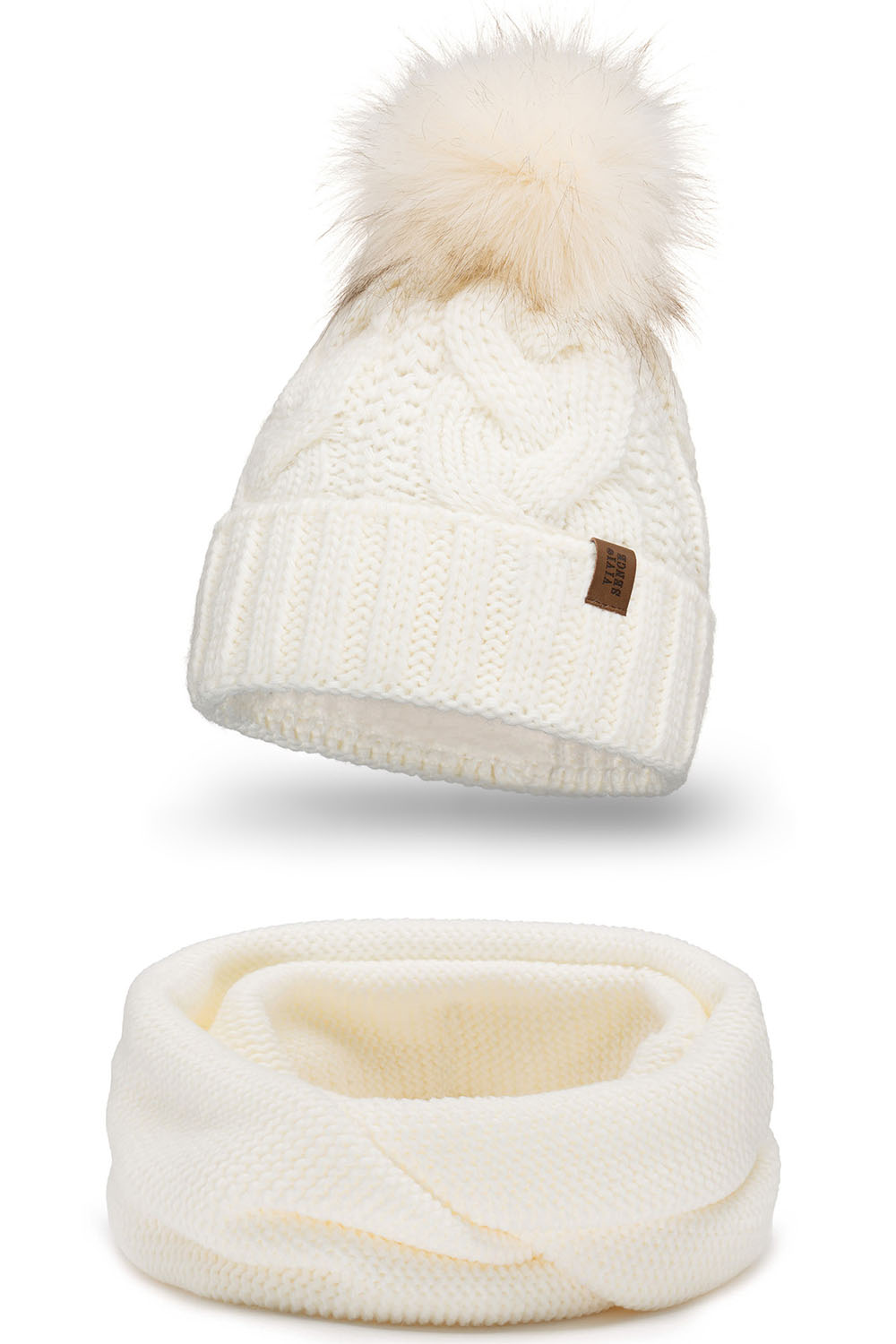 Vivisence Bonnet Femme Et Écharpe Pour L'automne et L'hiver À Pompon Cache-cou Ensemble Classique En Fils Chauds Avec Doublure En Polaire Parfait Pour Les Journées Froides 7014, ecru