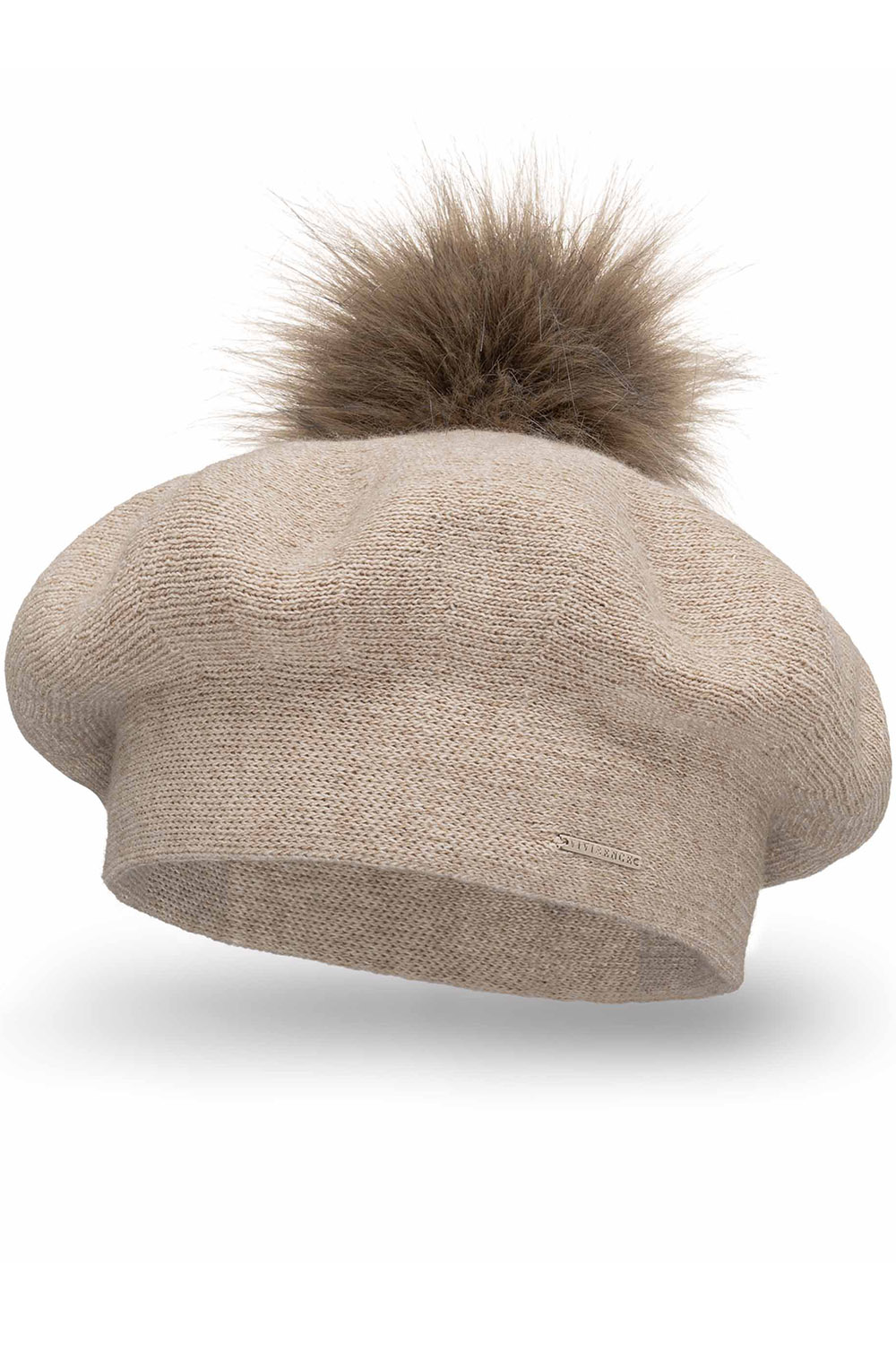 Vivisence Women Beret Wool Blend Faux Fur Pompom Elegant Warm Winter Hat 7035, beige