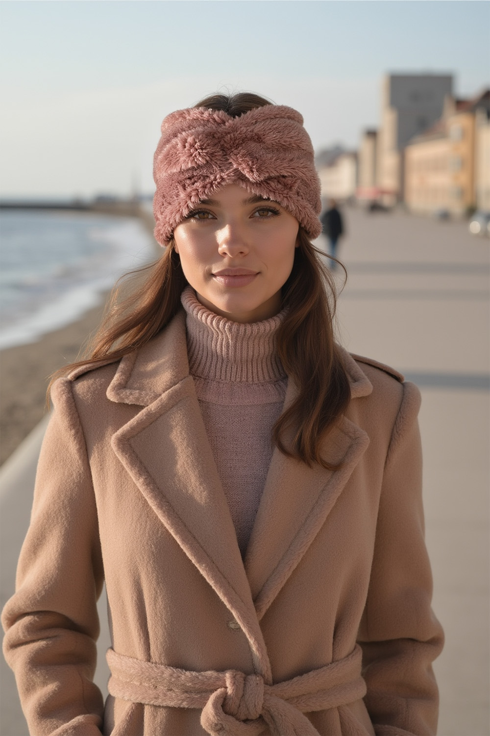Vivisence Women Headband Soft Fluffy Knit Twist Front Cozy Warmth For Cold Days, powder pink