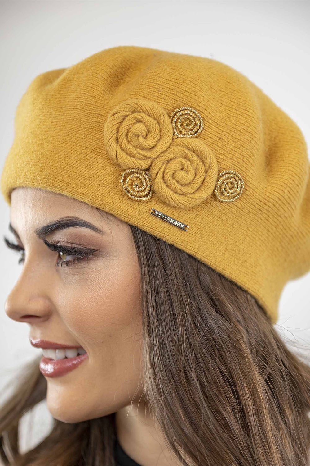 Vivisence Damen Baskenmütze Schal Set Wolle Applikation Lang Warm 7037kmpl, honig