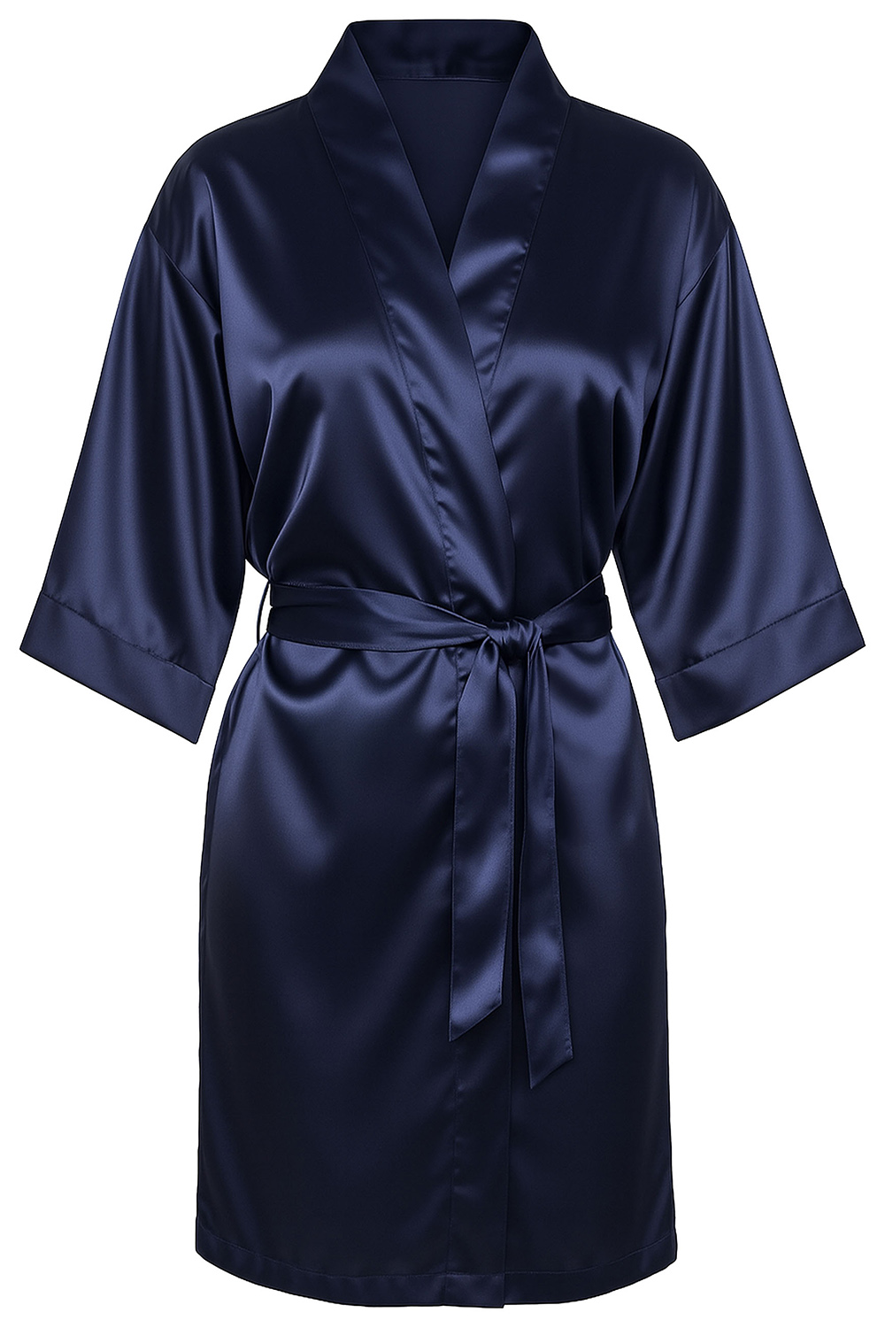 Vivisence Women's Satin Robe with 3/4 Sleeves Tie Waist Short Kimono Style Elegant Polyester Nightwear, dark blue