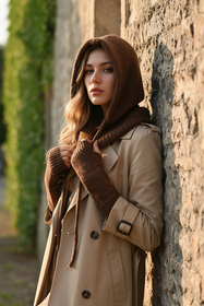 Vivisence Damen Kapuze Und Handstulpen Set Merino Baumwolle Warm für Wintertage, Braun