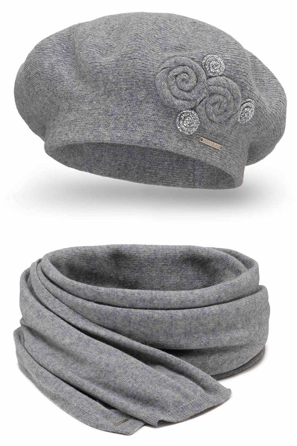 Vivisence Damen Baskenmütze Schal Set Wolle Applikation Lang Warm 7037kmpl, hellgrau