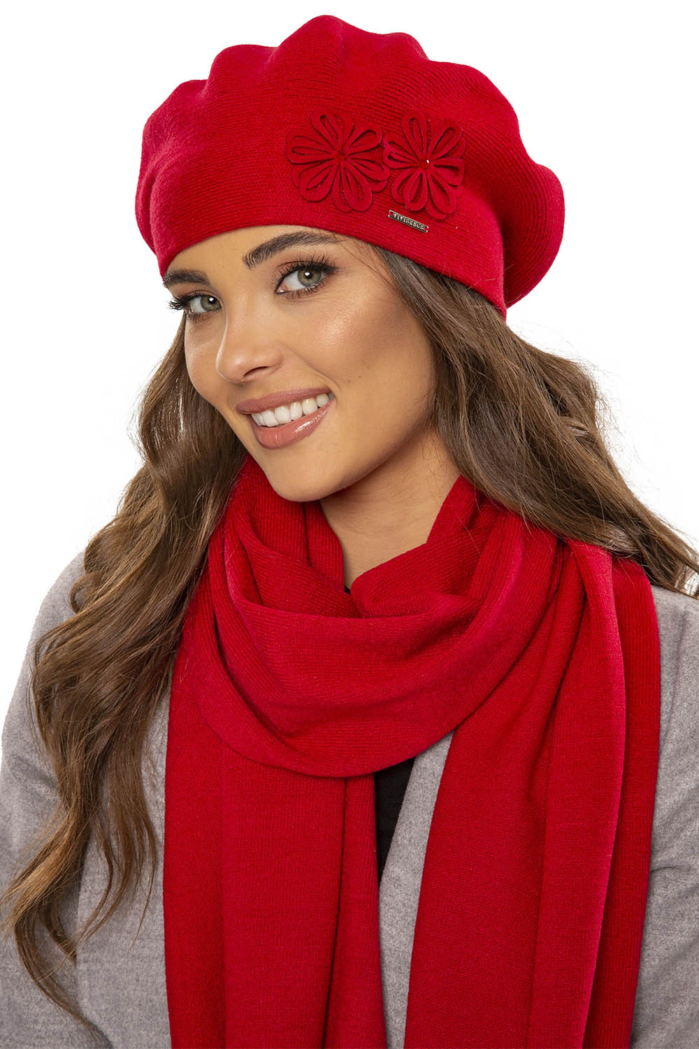 Vivisence Elegant Women's Winter Set Beret And Scarf With Classic Design And Floral Decoration Made Of Warm And Soft Fabric With Wool Blend Ideal For Cold Winter Days, Red