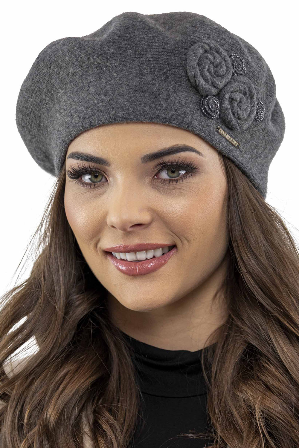 Vivisence Damen Baskenmütze Schal Set Wolle Applikation Lang Warm 7037kmpl, dunkelgrau