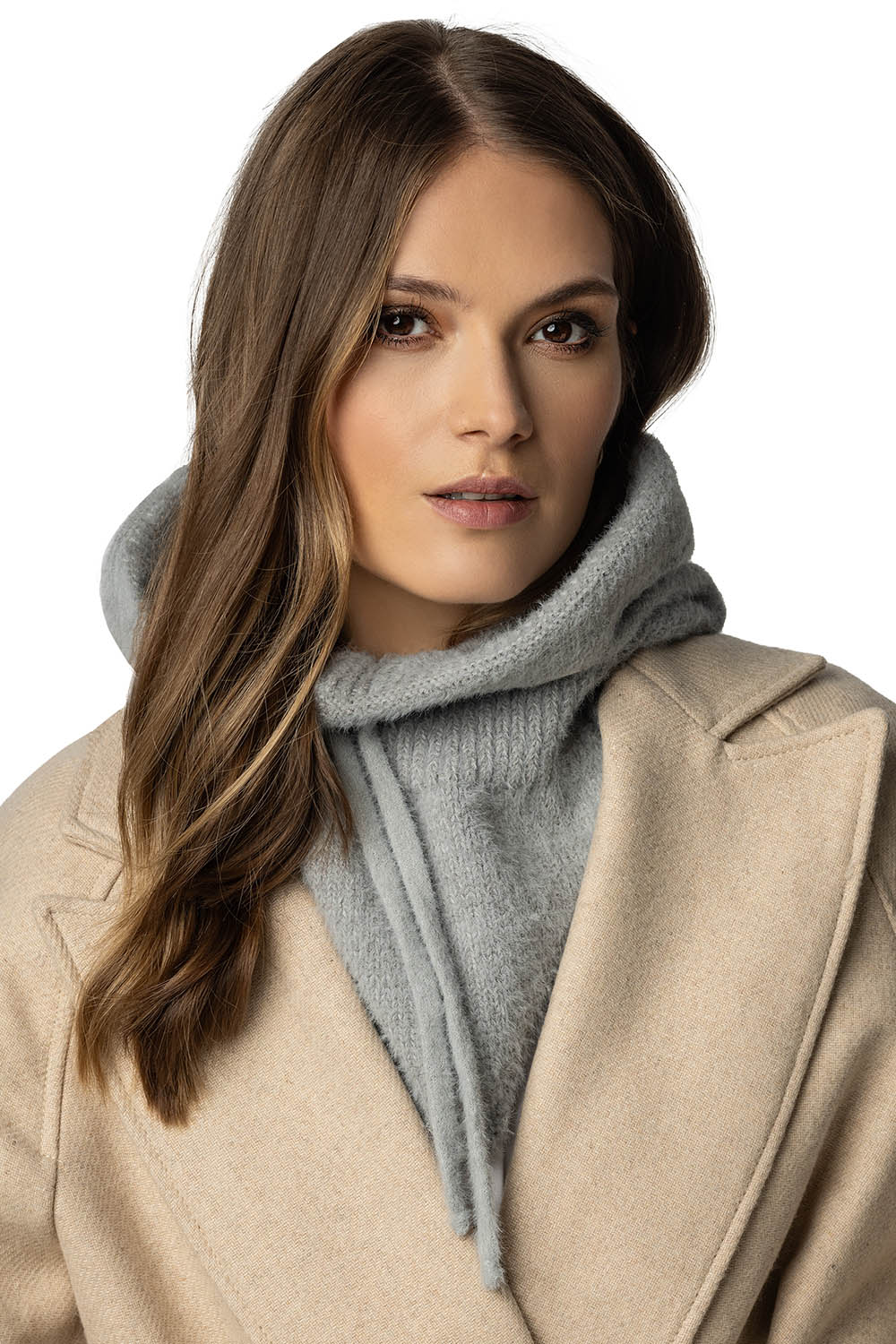 Vivisence Winter Hooded Scarf Balaclava Combo Knitted Yarn Warm Style, light grey