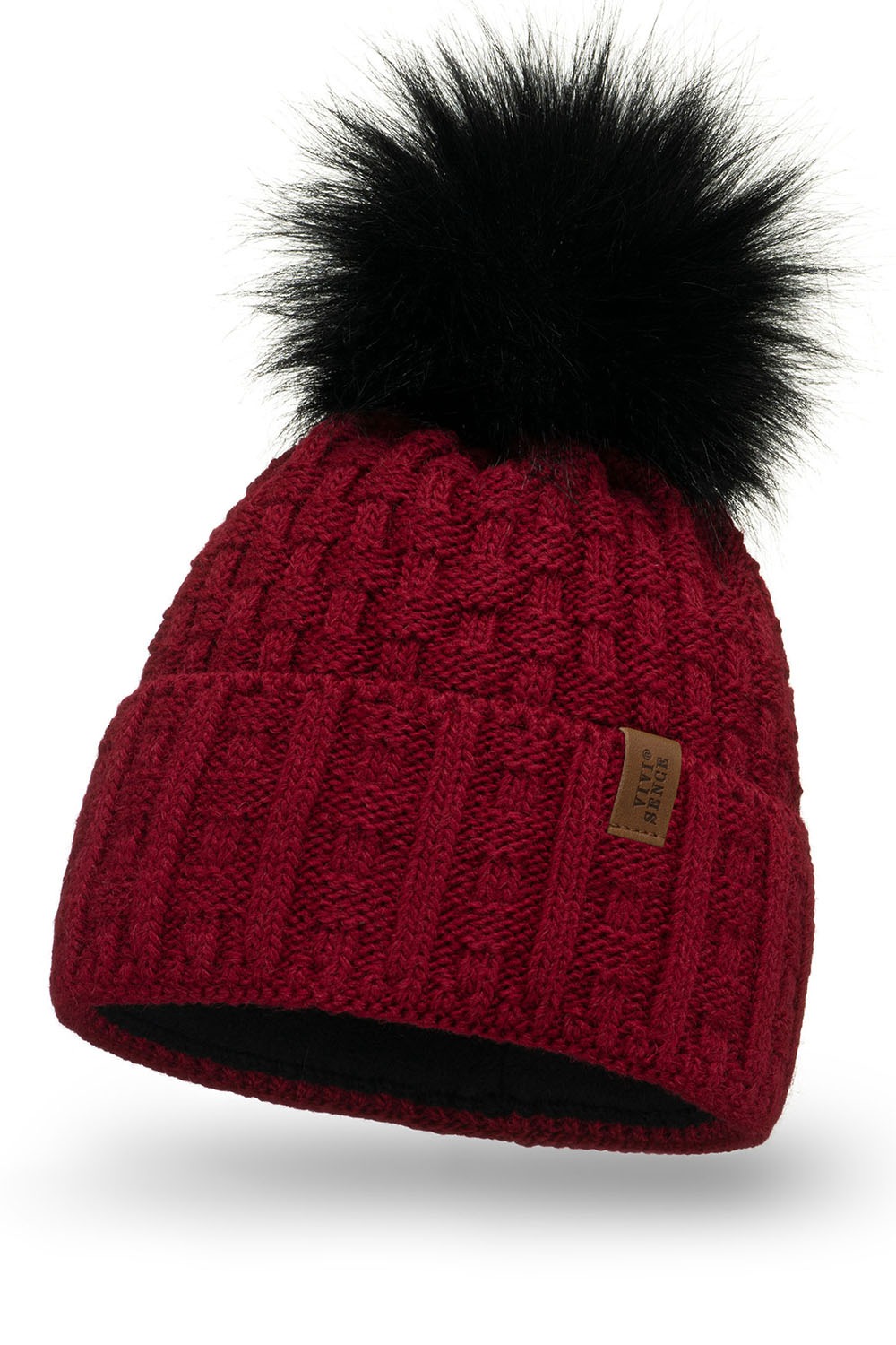 Vivisence Damen Mütze Bommel Warm Fleece Gefüttert Strick Winterstyle 7015, weinrot