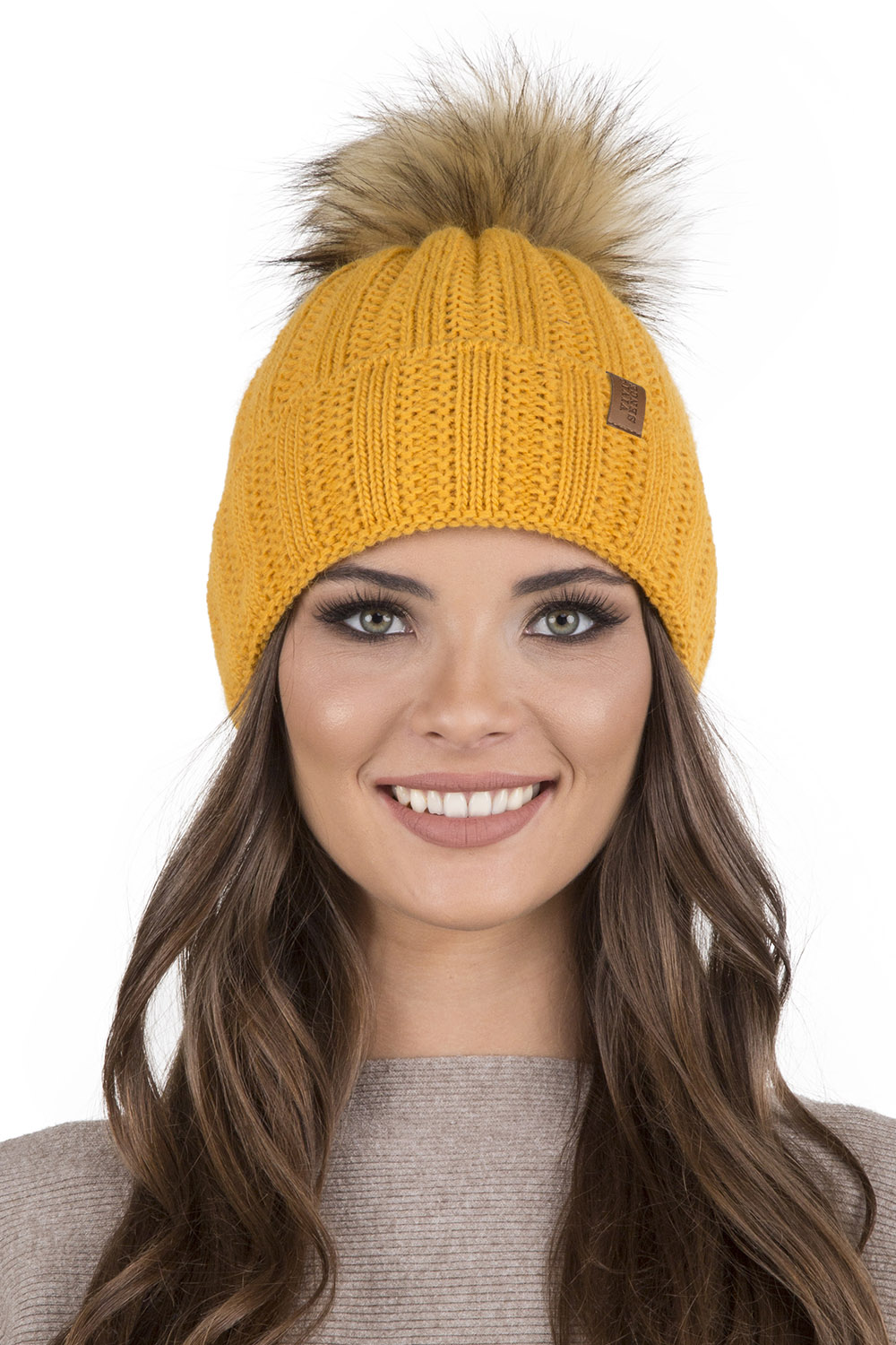 Vivisence Women's Pom Pom Hat Fleece Lined Faux Fur Pom Knitted 7019, honey