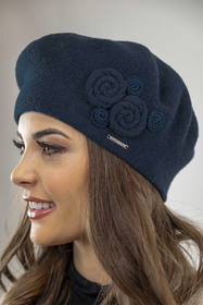 Vivisence Damen Baskenmütze Schal Set Wolle Applikation Lang Warm 7037kmpl, dunkelblau